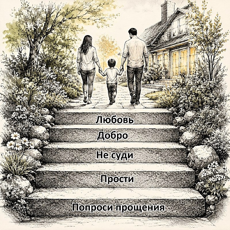 Иллюстрация: семья поднимается по ступеням с подписями Любовь, Добро, Не суди, Прости, Попроси прощения к дому